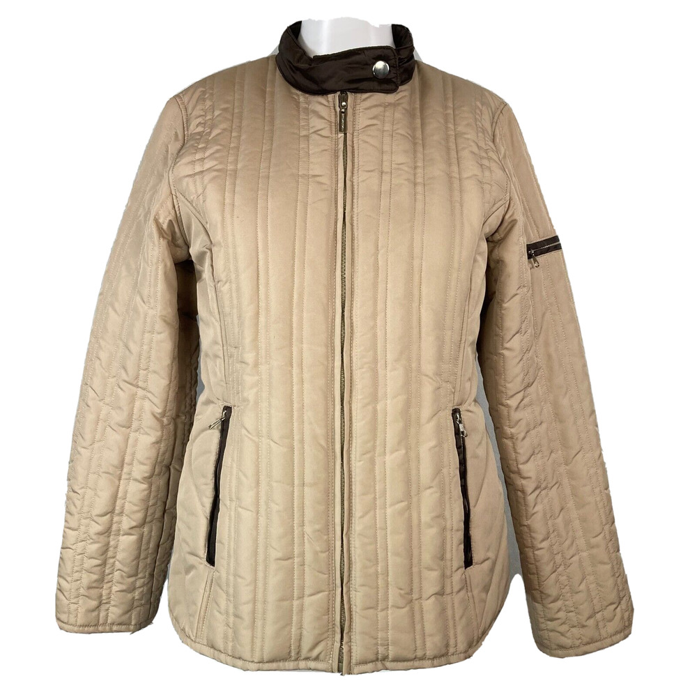 Weather Tamer Jacket Coat Women Sz S Beige Brown Quilted Full Zip Puffer Pockets